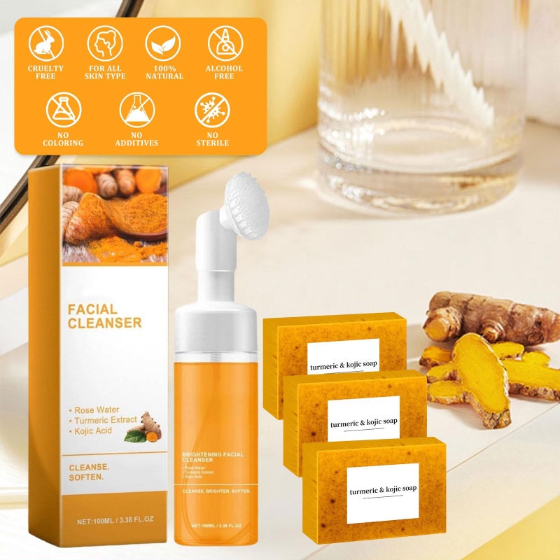 Peehss Turmeric Soap & Turmeric Face Wash Set, Honey Lemon Tumeric Kojic Soap Bar & Facial Cleanser Combo for Face & Body, Evens Skin Tone Deep Cleansing Moisturizing - Image 3